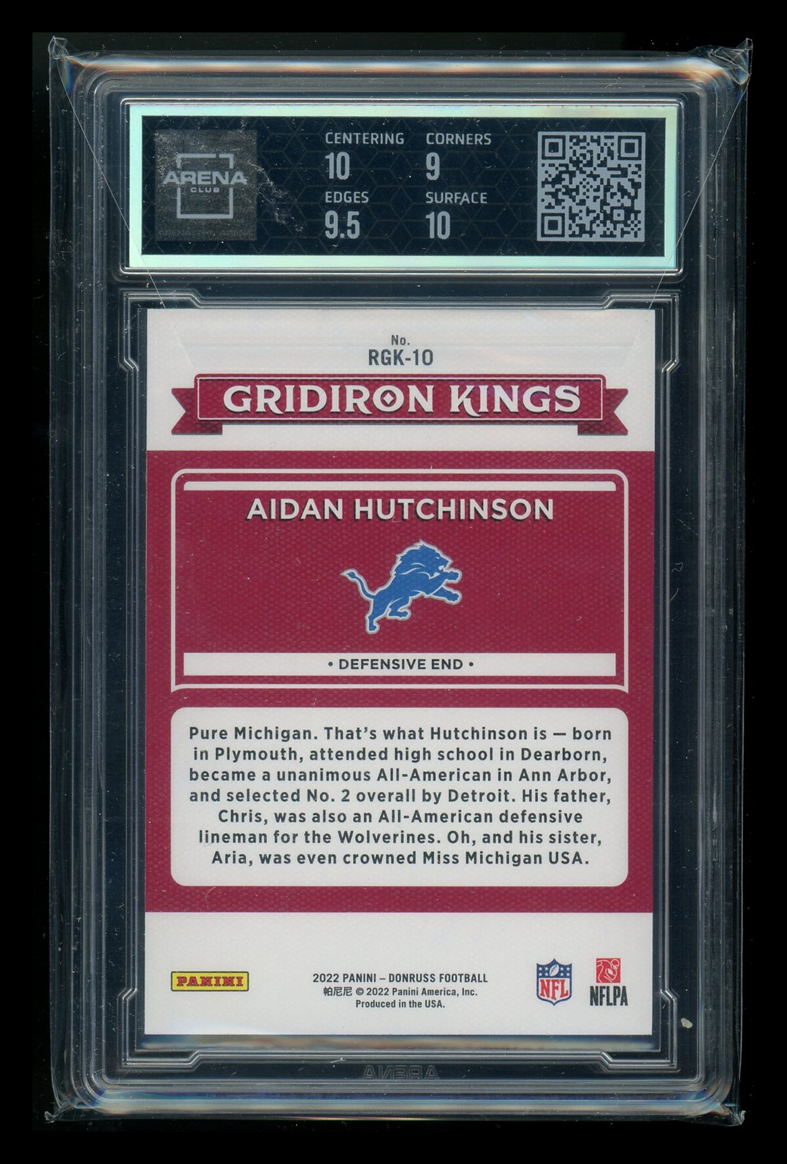 2022 Panini Donruss Gridiron Kings Aidan Hutchinson #RGK-10  Arena Club 9.5
