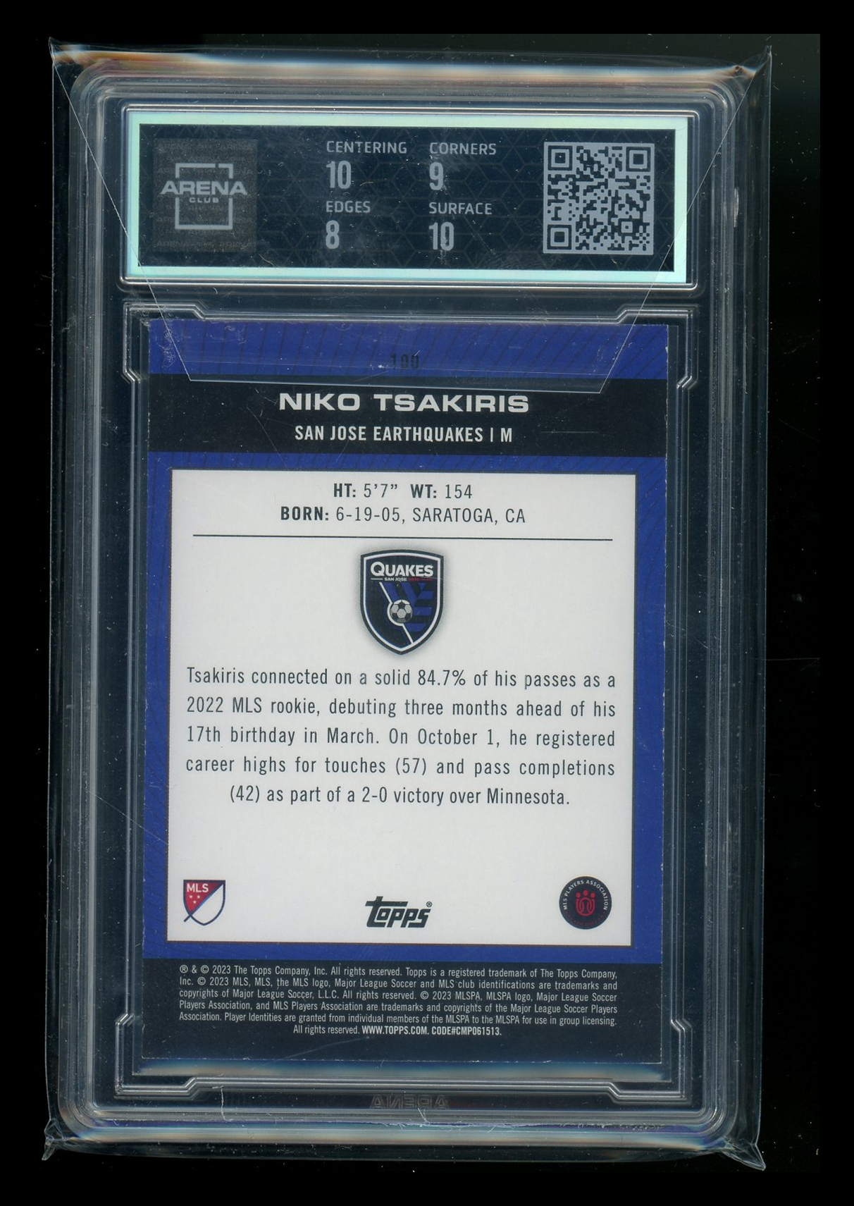 2023 Topps MLS Green Foil Niko Tsakiris #100 32/75 RC Soccer Arena Club 8.5