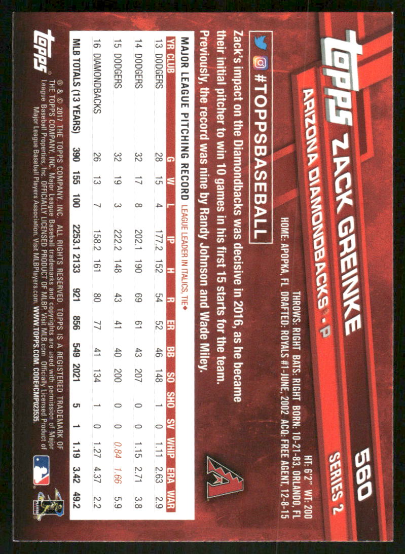 2017 Topps Series 2 Zack Greinke #560 All Star Game Baseball