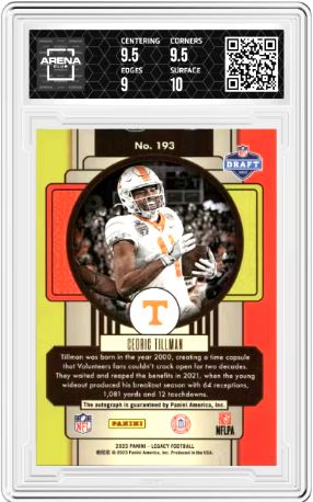 2023 Panini Legacy Cedric Tillman #193 Rookie Prem Pen Auto Football AC 9.5