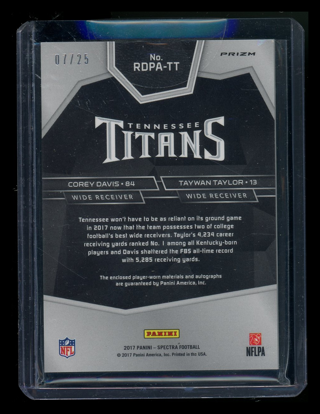 2017 Panini Spectra Prizm Corey Davis Taywan Taylor #RDPA-TT Auto 07/25 Patch