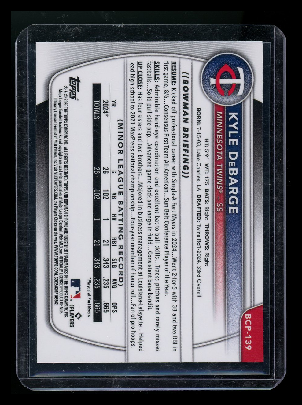 2025 Bowman Chrome 1st Kyle DeBarge #BCP-139 Mojo Baseball
