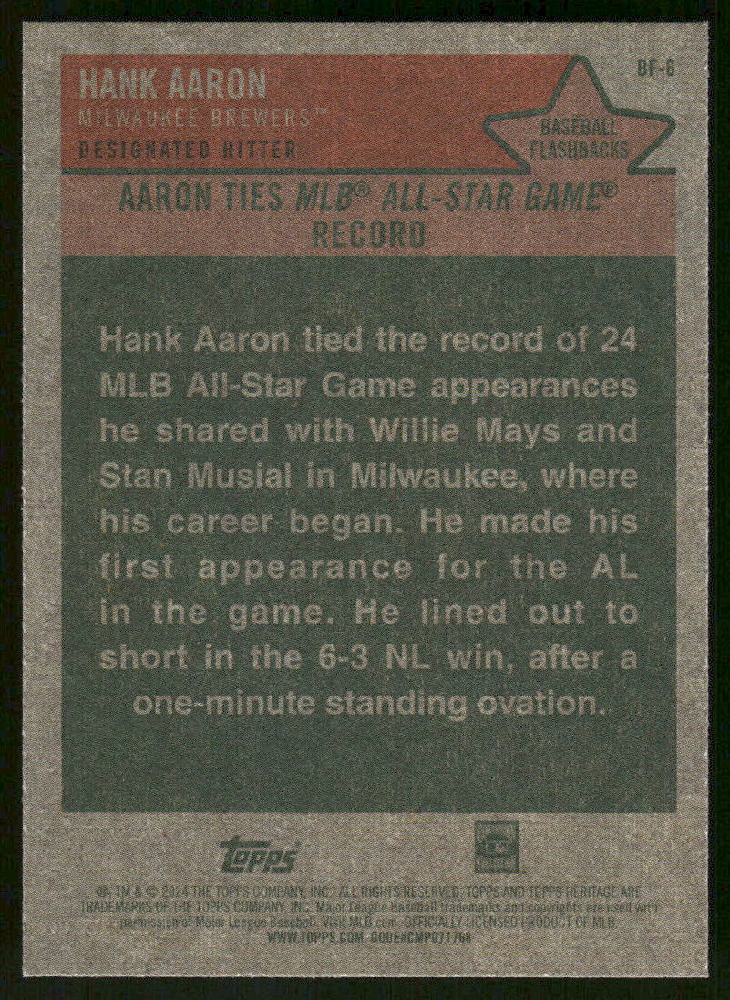 2024 Topps Heritage Baseball Flashbacks Hank Aaron #BF-6 Baseball