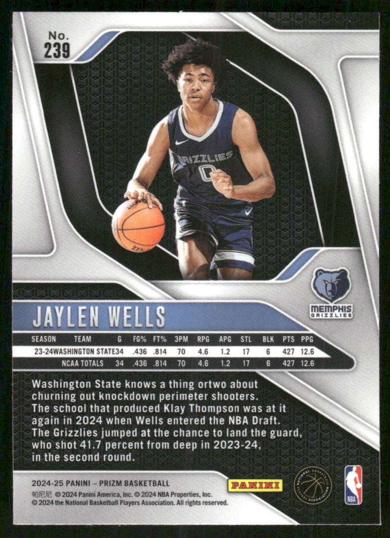 2024-25 Panini Prizm Jaylen Wells #239 RC Basketball