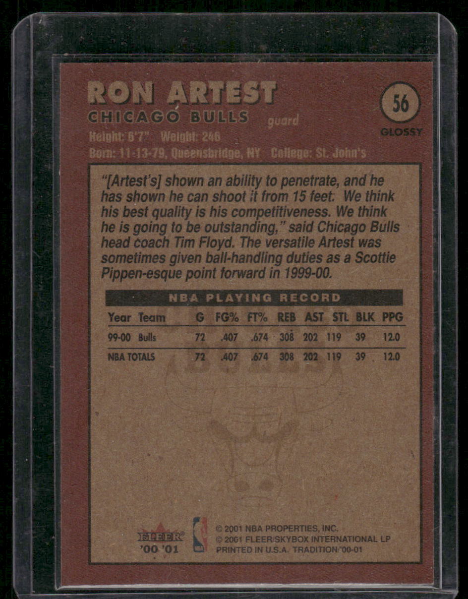 2001 Fleer Tradition Glossy Ron Artest #56 Glossy Basketball