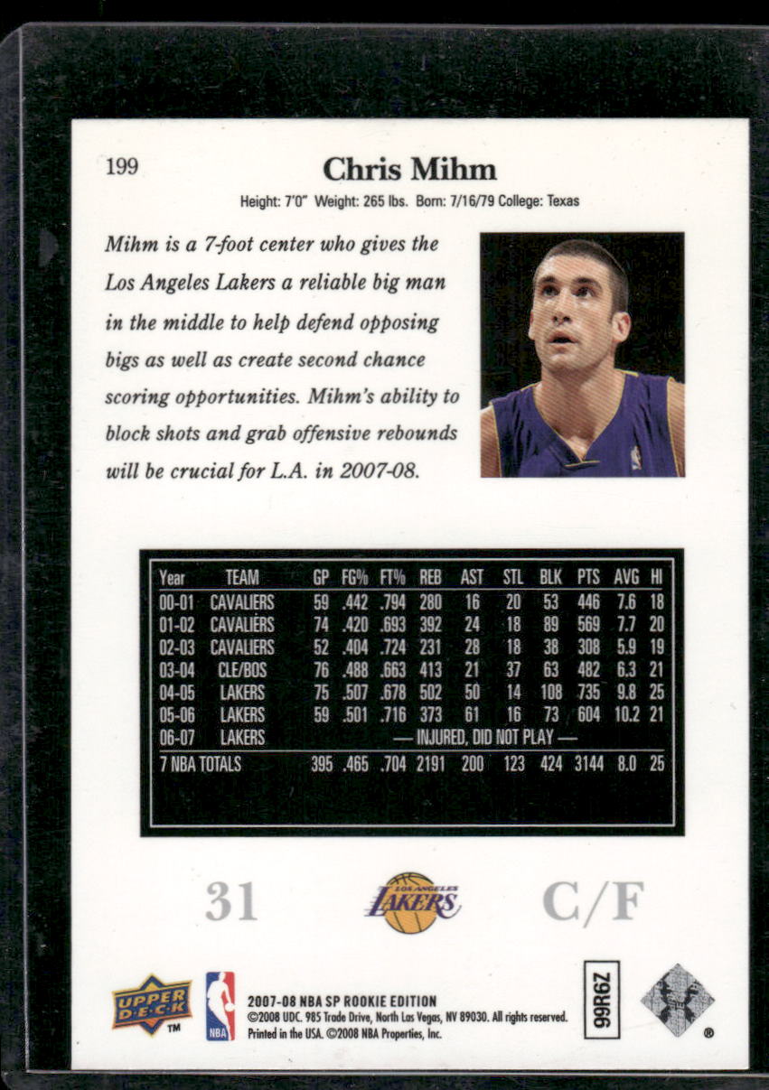 2007-08 Upper Deck SP Rookie Edition Chris Mihm #199 Basketball