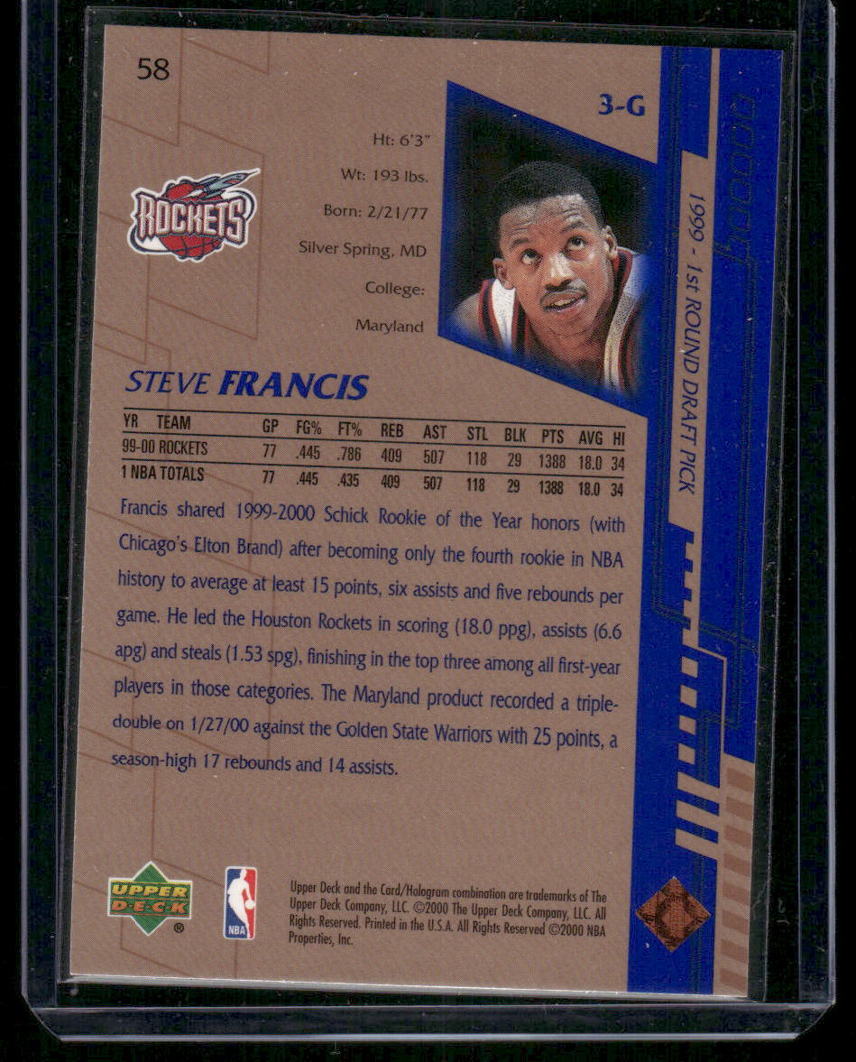 1999-00 Upper Deck Steve Francis #58 Basketball