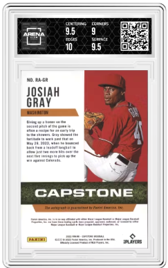 2022 Panini Prizm Capstone Josiah Gray #RA-GR Rookie Auto Arena Club 9.5