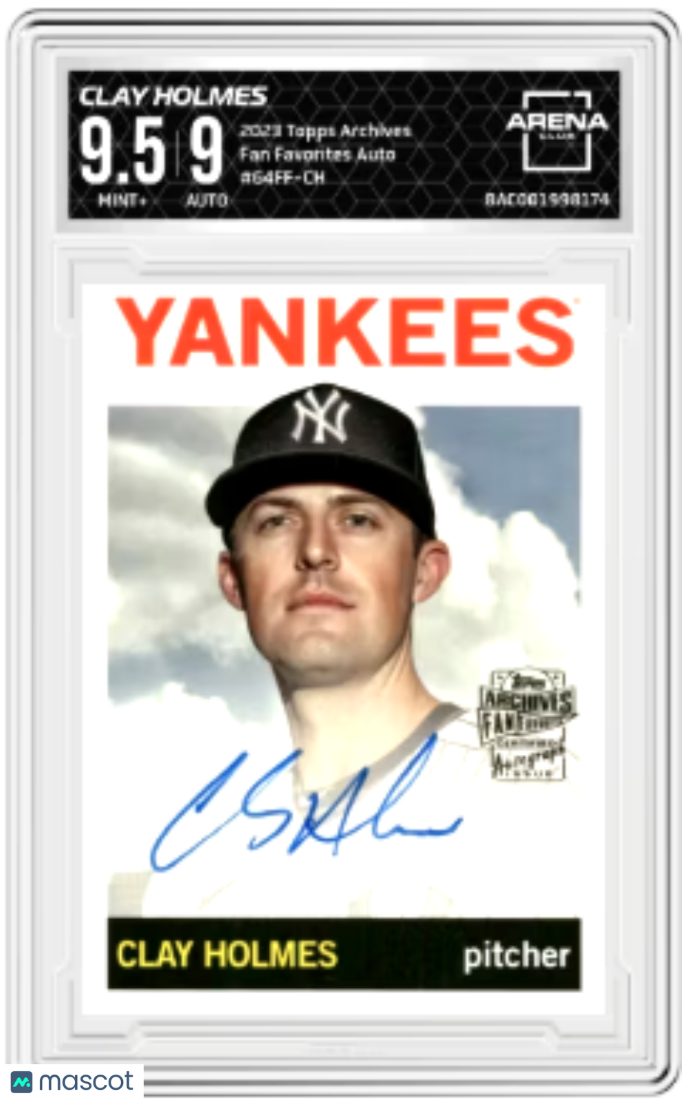 2023 Topps Archives Clay Holmes #64FF-CH Fan Favorites Auto Arena Club 9.5
