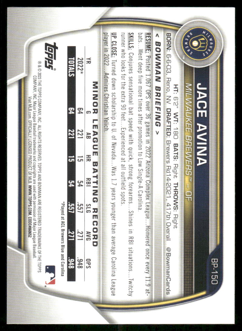 2023 Bowman Jace Avina #BP-150 1st Bowman Baseball