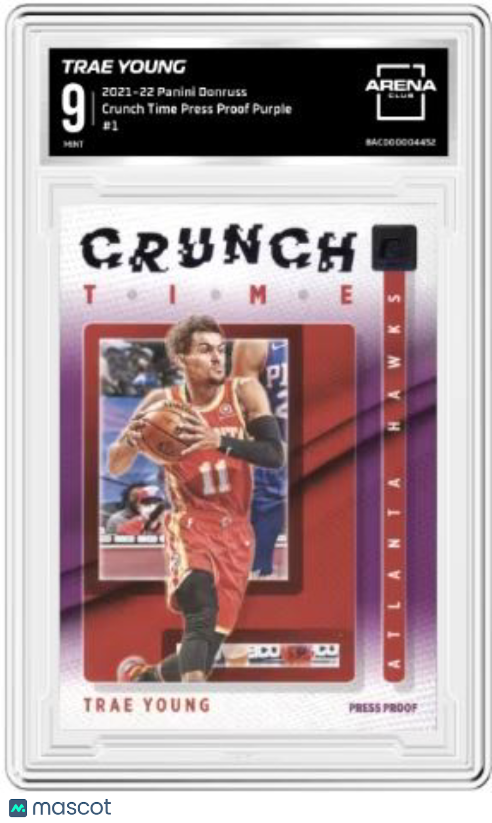 2021-22 Panini Donruss Crunch Time Trae Young #1 Press Proof Purple Arena Club 9