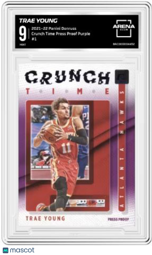 2021-22 Panini Donruss Crunch Time Trae Young #1 Press Proof Purple Arena Club 9