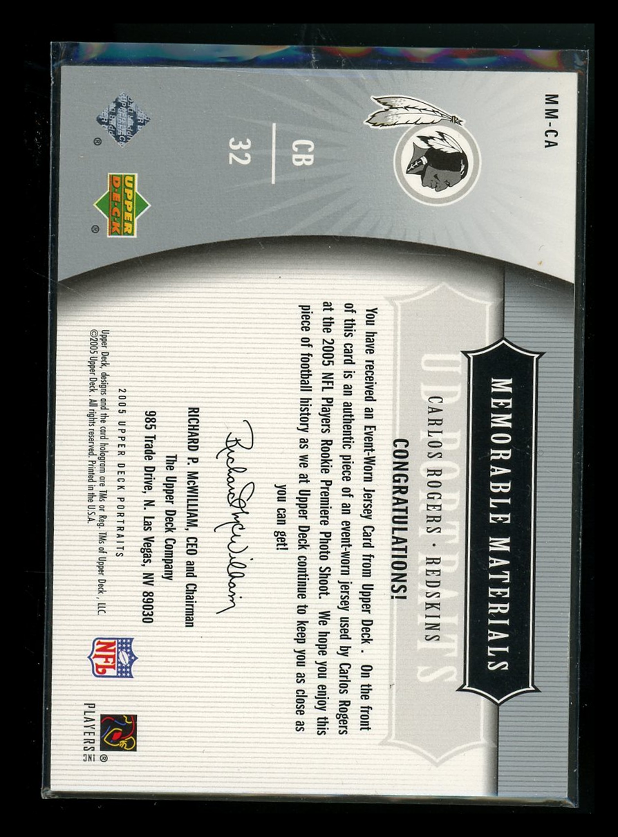 2005 Upper Deck UD Portraits Memorable Materials Carlos Rogers #MM-CA Mem