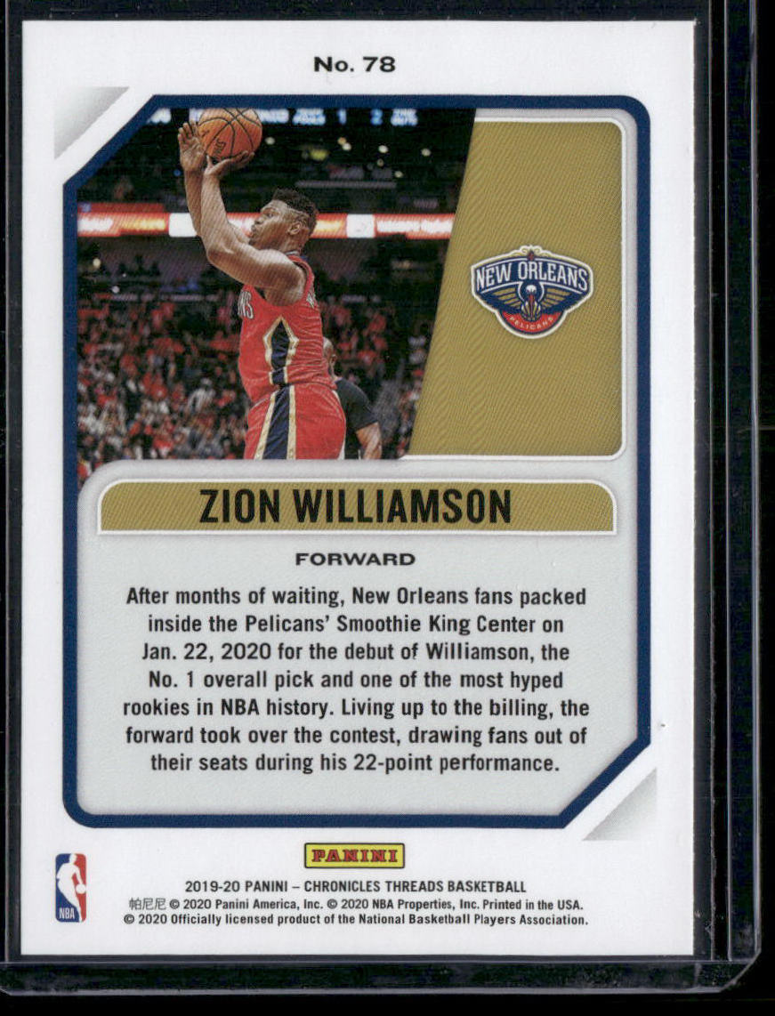 2019-20 Panini Chronicles Threads Zion Williamson #No. 78 RC Basketball