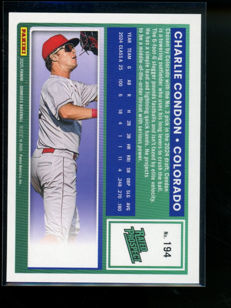 2025 Donruss Rated Prospect Charlie Condon #194 Rated Prospect Baseball