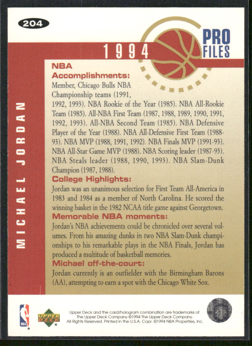 1994 Upper Deck Collector's Choice Pro Files Michael Jordan #204 Basketball