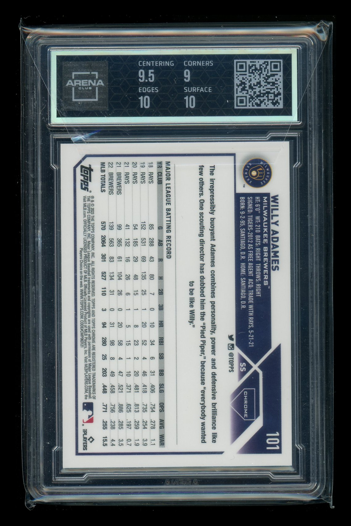 2023 Topps Chrome Blue Refractor Willy Adames #101 025/150 Arena Club 9.5