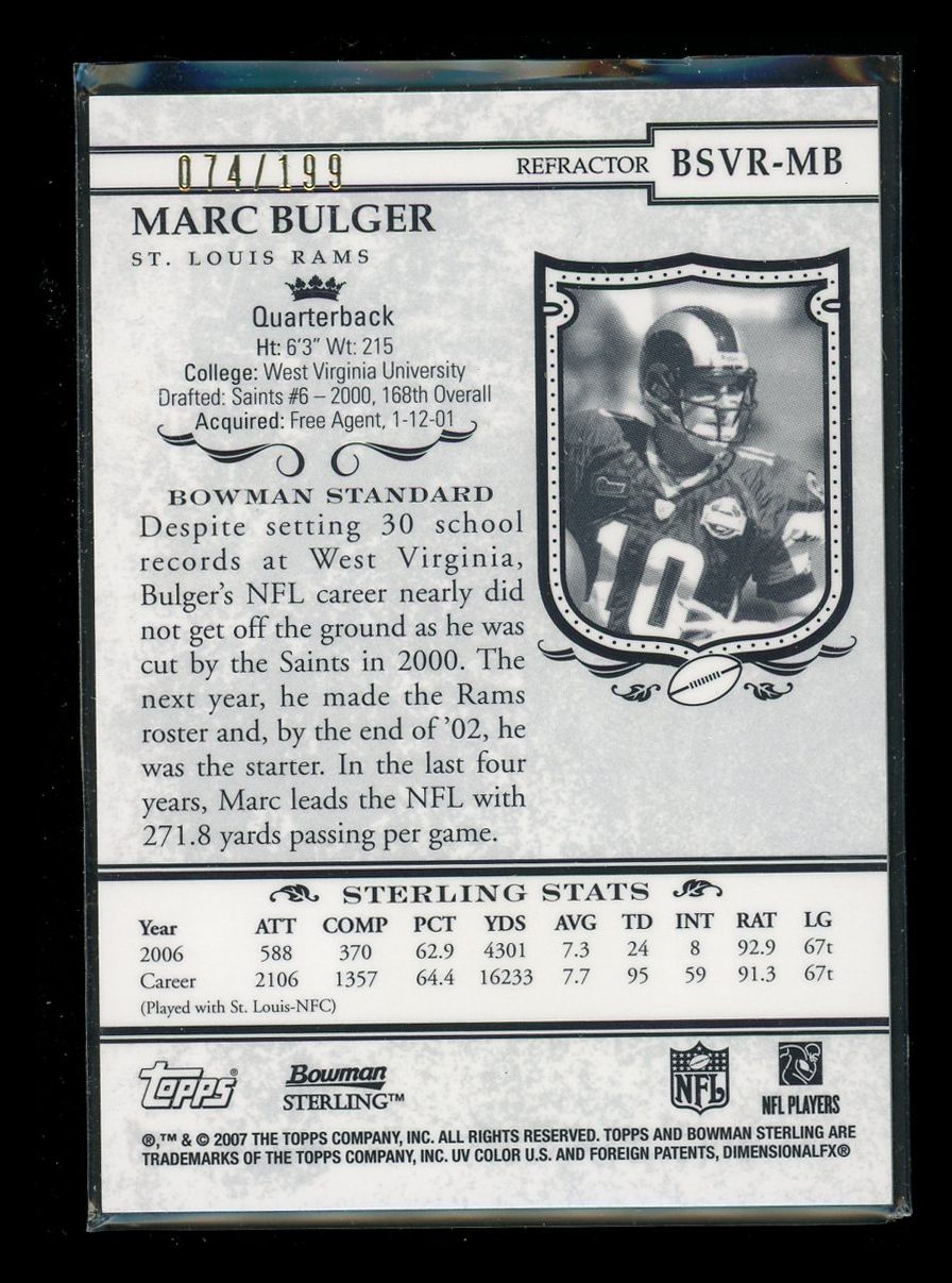 2007 Bowman Sterling Marc Bulger #BSVR-MB Refractor Authentic Jersey 074/199