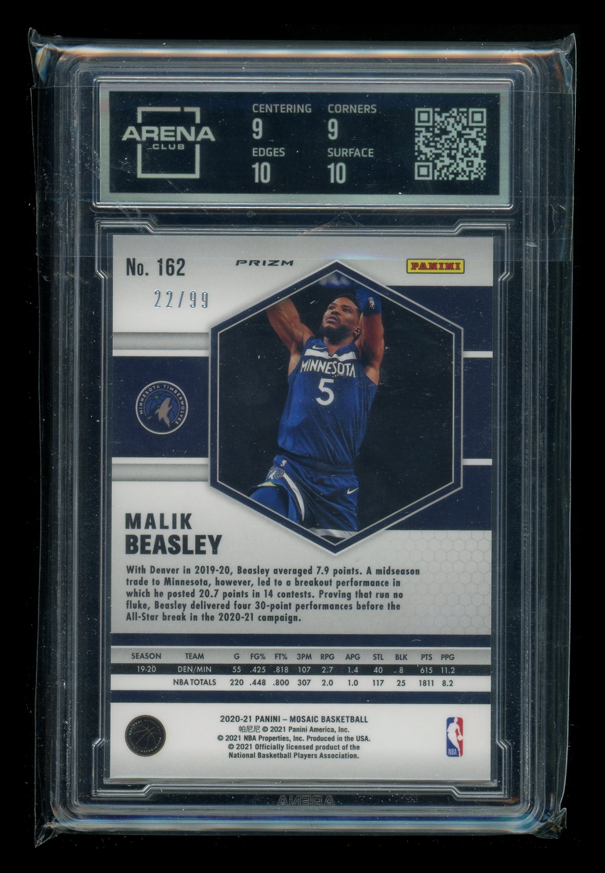 2020-21 Panini Mosaic Blue Mosaic Malik Beasley #162 22/99 Arena Club 9.5