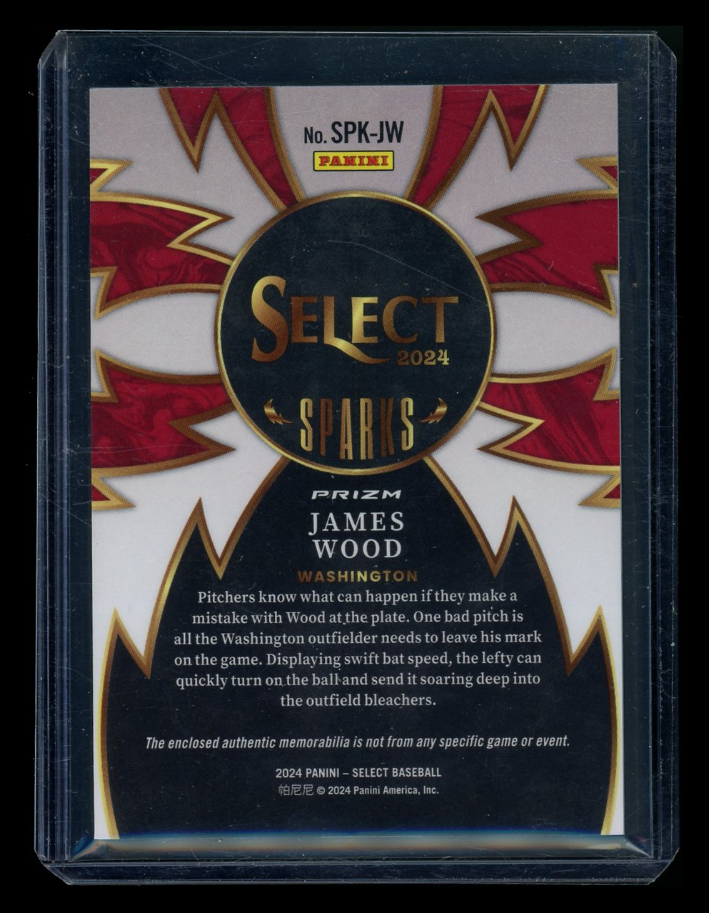2024 Panini Select Prizm James Wood #SPK-JW Sparks RC Patch Baseball