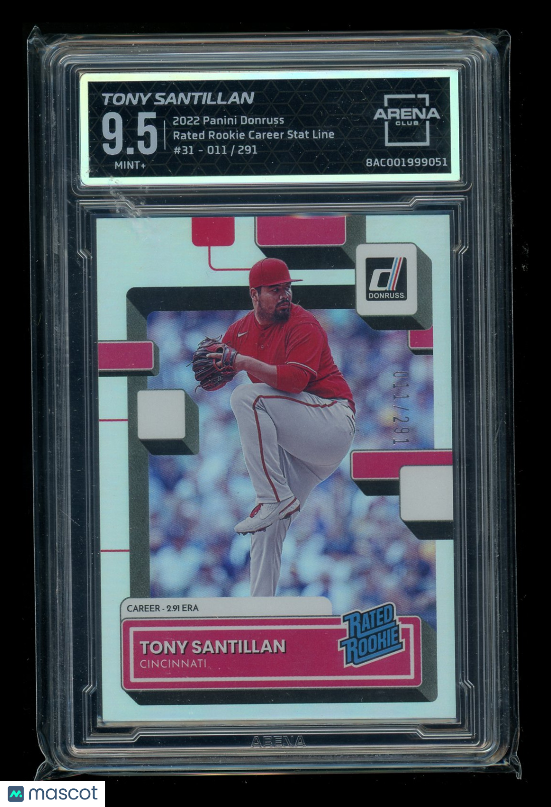 2022 Panini Donruss Rated Rookie Career Stat Tony Santillan #31 011/291 AC 9.5