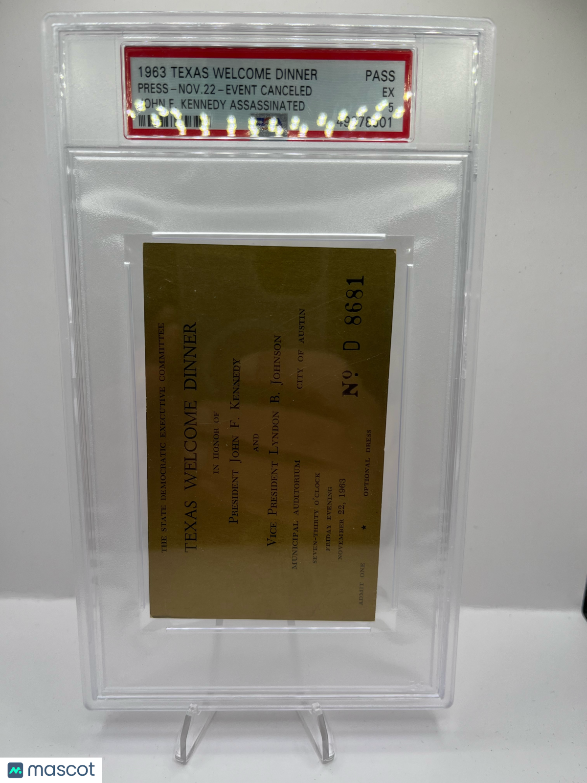 1963 Texas Welcome Dinner-Ticket John F. Kennedy Assassinated PSA 5