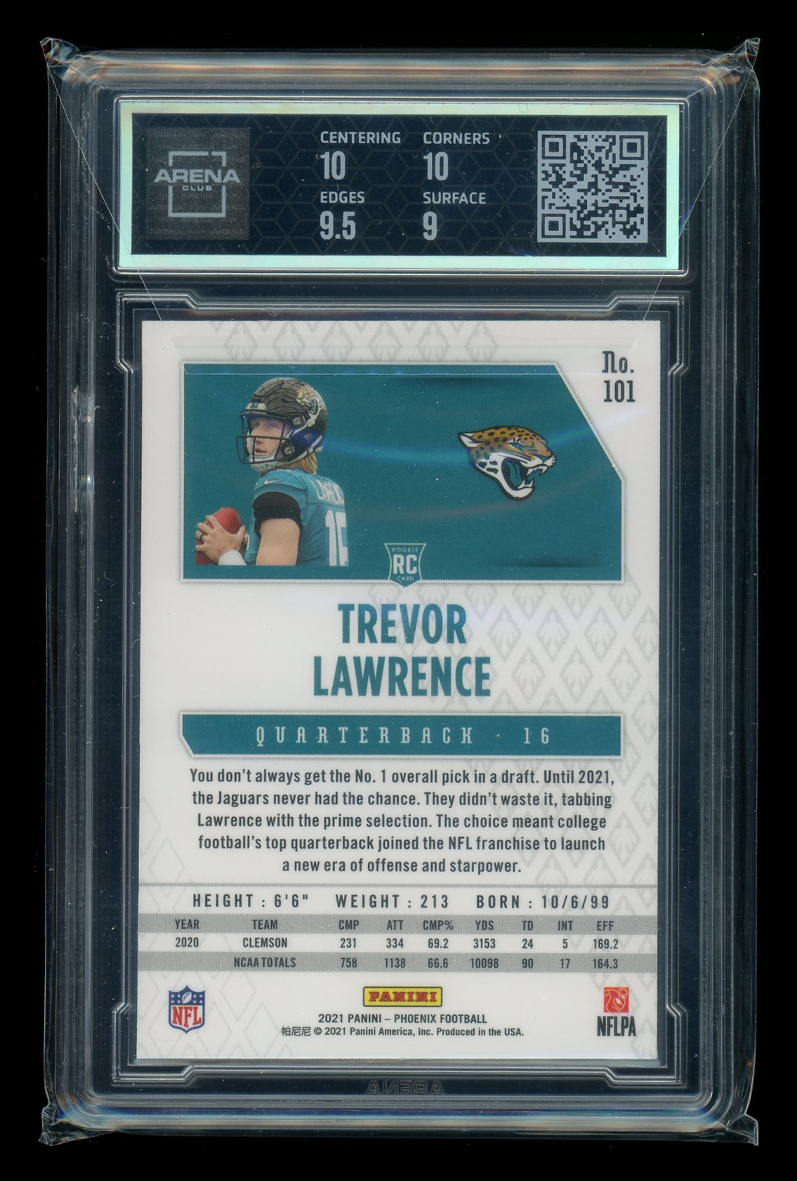 2021 Panini Phoenix Trevor Lawrence #101 RC Football Arena Club 9.5