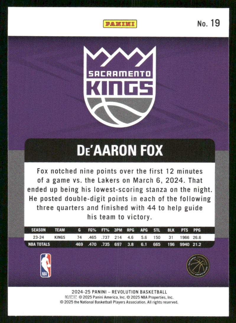 2024-25 Panini Revolution De'Aaron Fox #19 Basketball