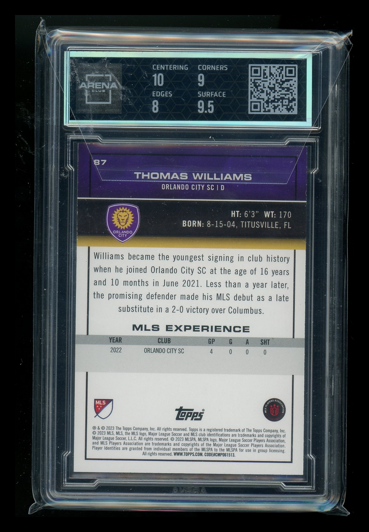 2023 Topps Gold Foil Thomas Williams #87 RC 25/50 Soccer Arena Club 8.5