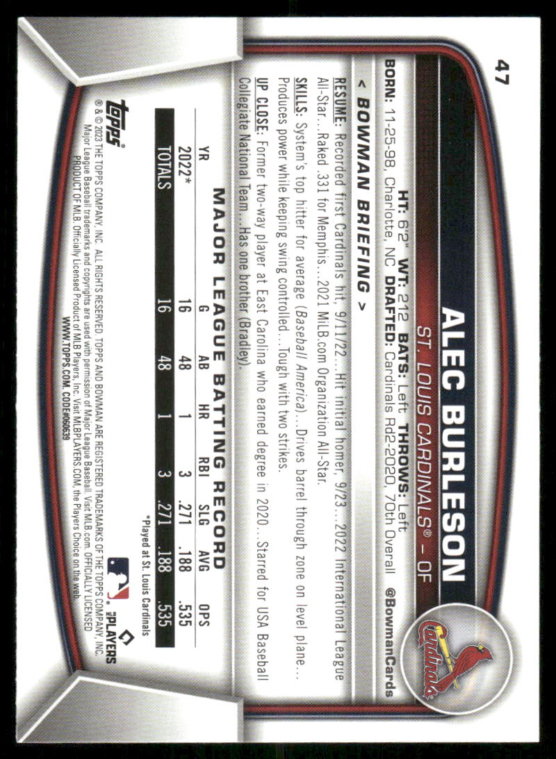 2023 Bowman Alec Burleson #47 RC Baseball