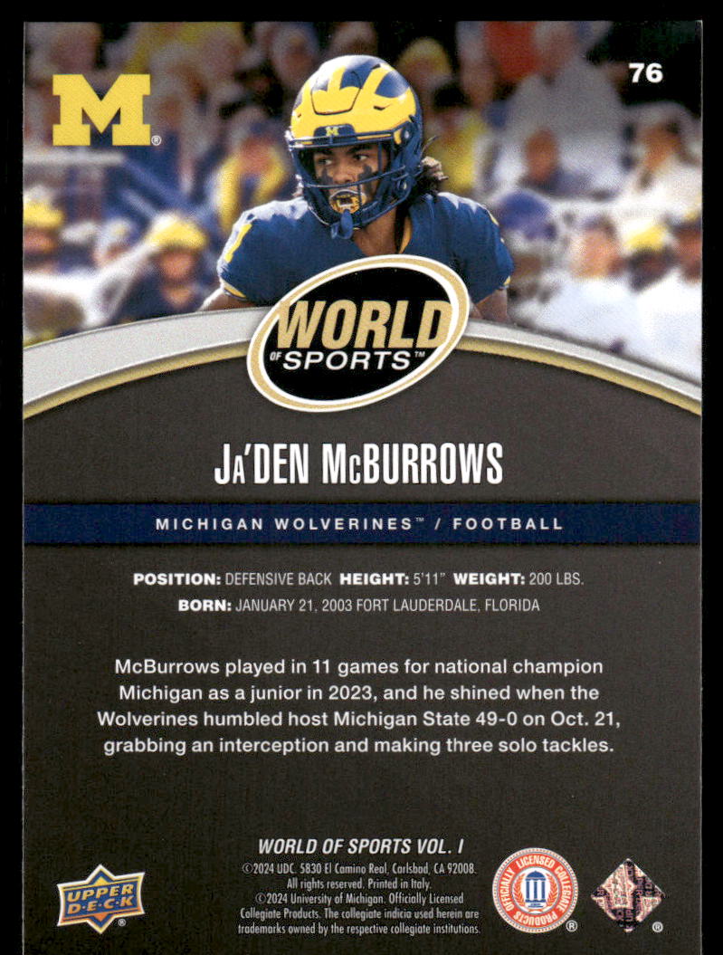 2025 Upper Deck World Sports Ja'Den McBurrows #76 Football