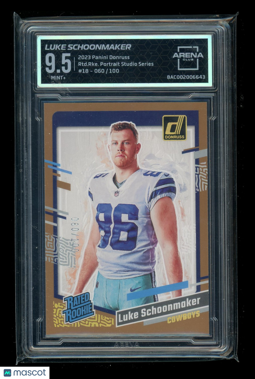 2023 Panini Donruss Rated Rookie Luke Schoonmaker #18 060/100 Arena Club 9.5