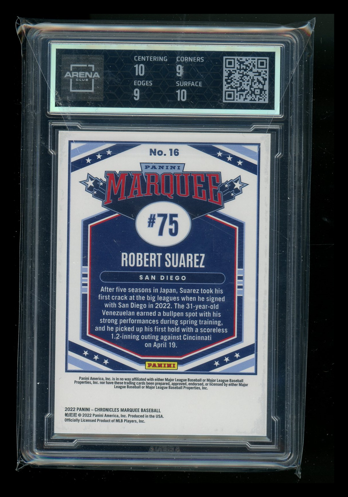 2022 Panini Chronicles Marquee Purple Robert Suarez #16 RC 03/25 Arena Club 9.5