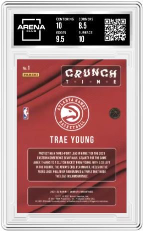 2021-22 Panini Donruss Crunch Time Trae Young #1 Press Proof Purple Arena Club 9