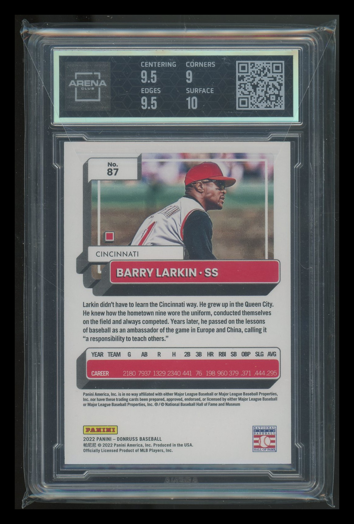 2022 Panini Donruss Red Barry Larkin #87 1740/2022 Baseball Arena Club 9.5