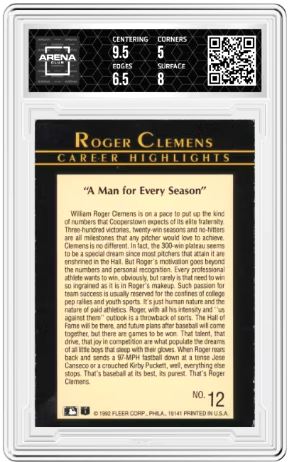 1992 Fleer Roger Clemens #12 Baseball Arena Club 5.5