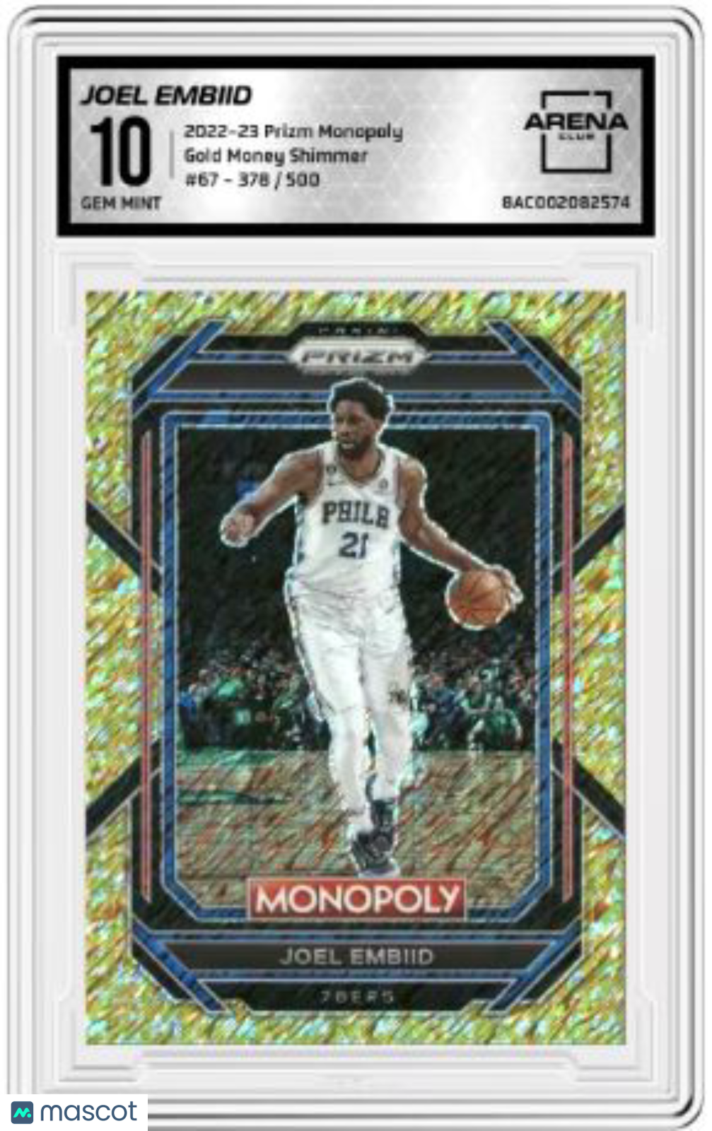 2022-23 Panini Prizm Monopoly Joel Embiid #67 Gold Money Shimmer 378/500 AC 10