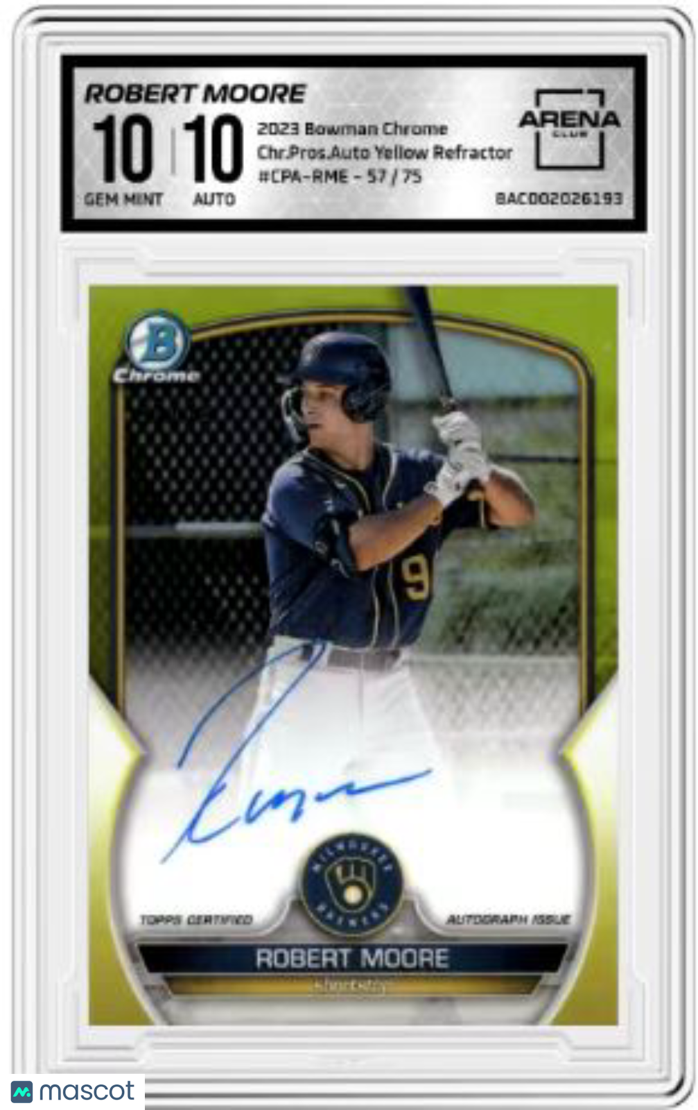 2023 Bowman Chrome Robert Moore #CPA-RME Yellow Refractor Auto 57/75 AC 10