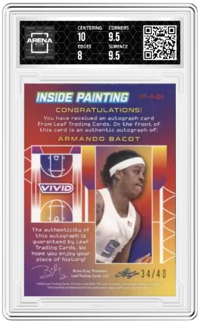 2022-23 Leaf Vivid Armando Bacot #IP-AB1 Inside Painting Auto Arena Club 8.5