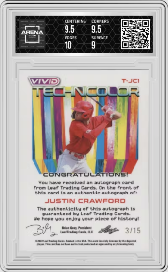 2022 Leaf Vivid Justin Crawford #T-JC1 Technicolor Auto Green 03/15 AC 9.5/10