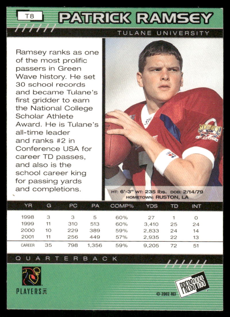 1998 Press Pass Patrick Ramsey #T8 Football