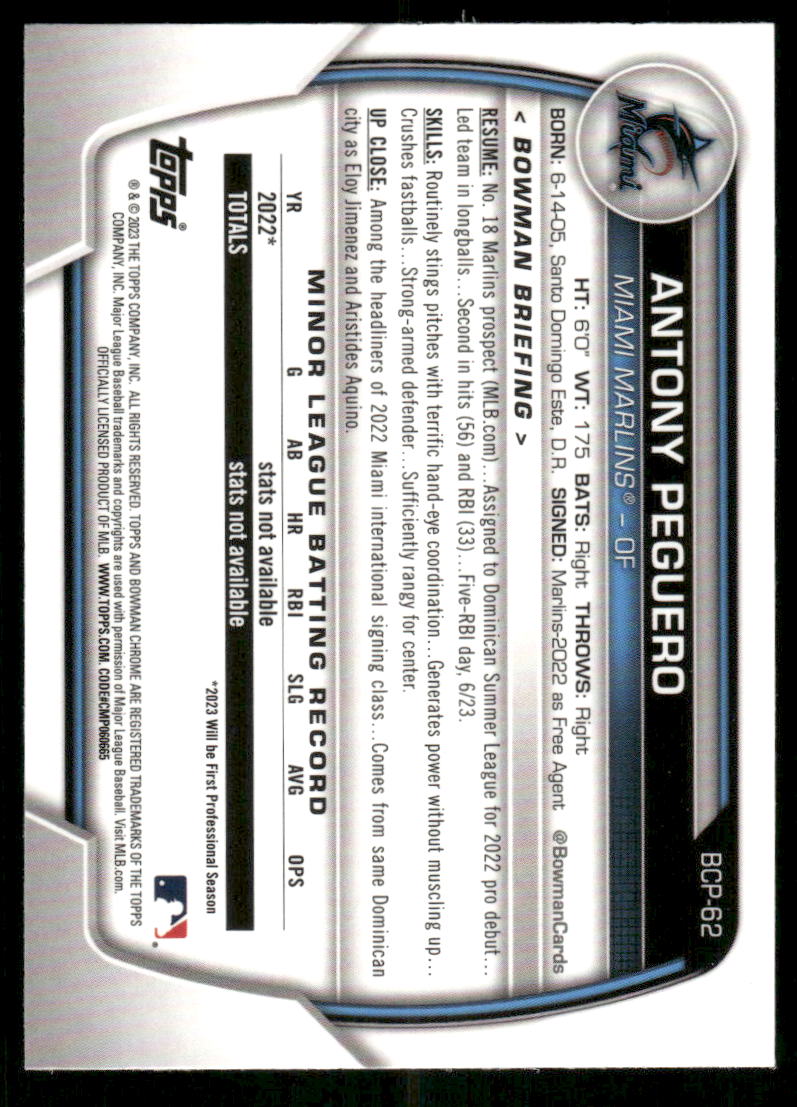 2023 Bowman Chrome Antony Peguero #BCP-62 1st Baseball
