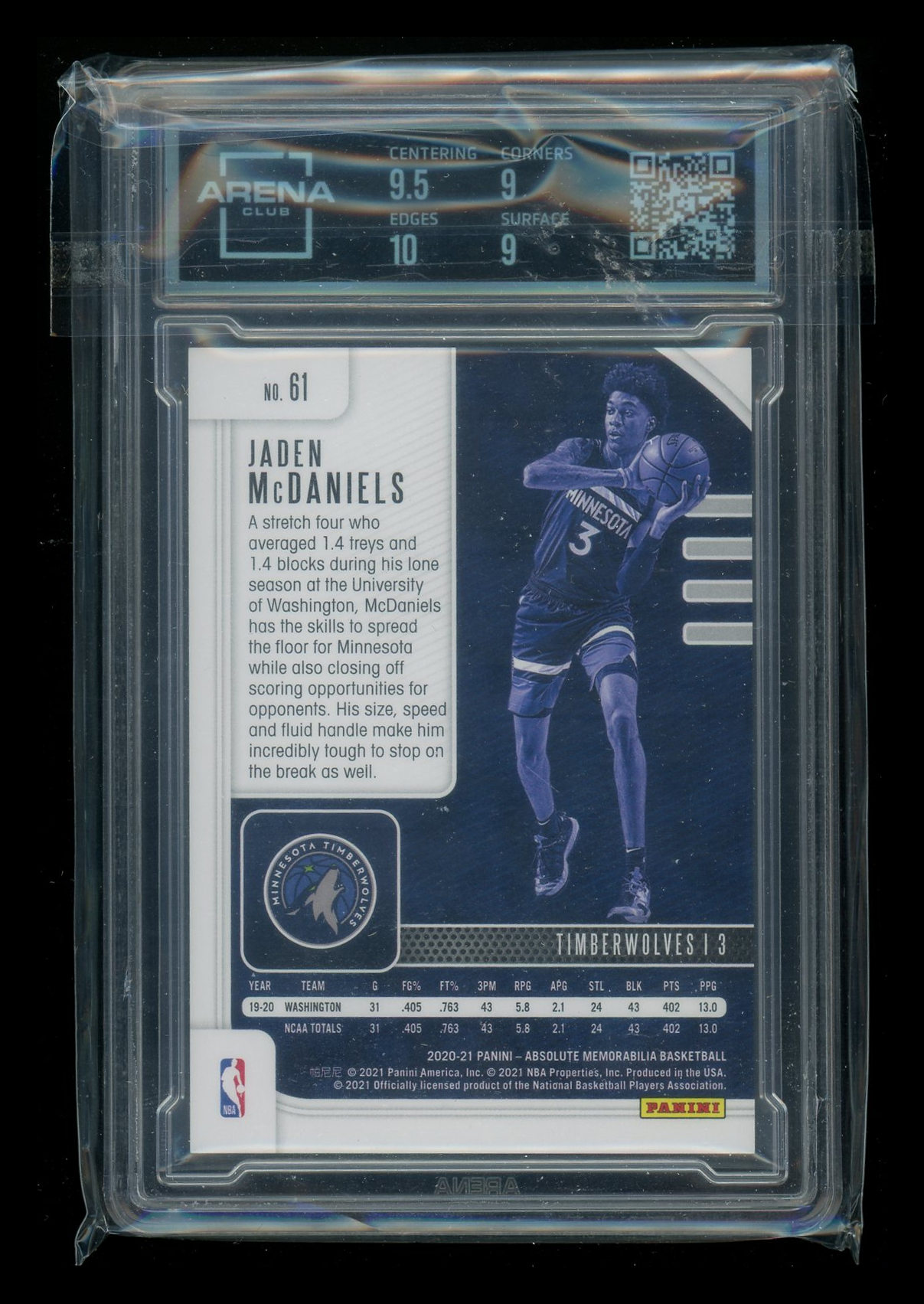 2020-21 Panini Absolute Red Jaden McDaniels #61 151/199 RC Arena Club 9.5