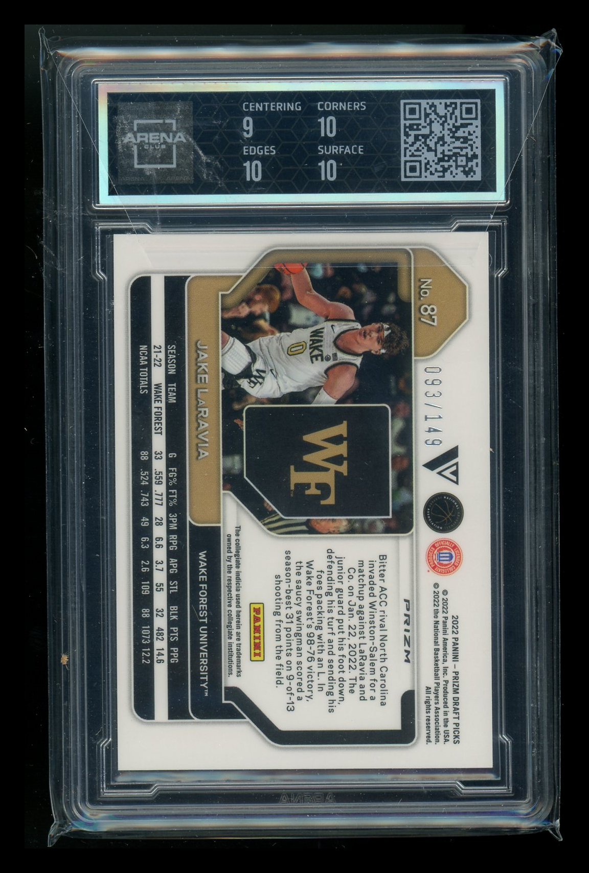 2022-23 Panini Prizm Jake LaRavia #87 Purple Ice RC 093/149 Variation AC 9.5