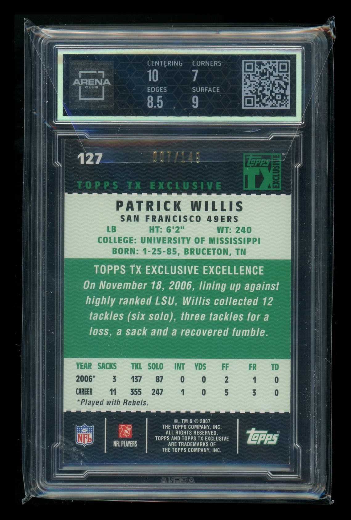 2007 Topps TX Exclusive Bronze Patrick Willis #127 007/149 Arena Club 7.5