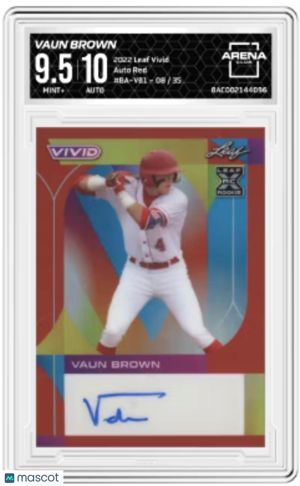 2022 Leaf Vivid Vaun Brown #BA-VB1 Red 08/35 Auto Baseball Arena Club 9.5