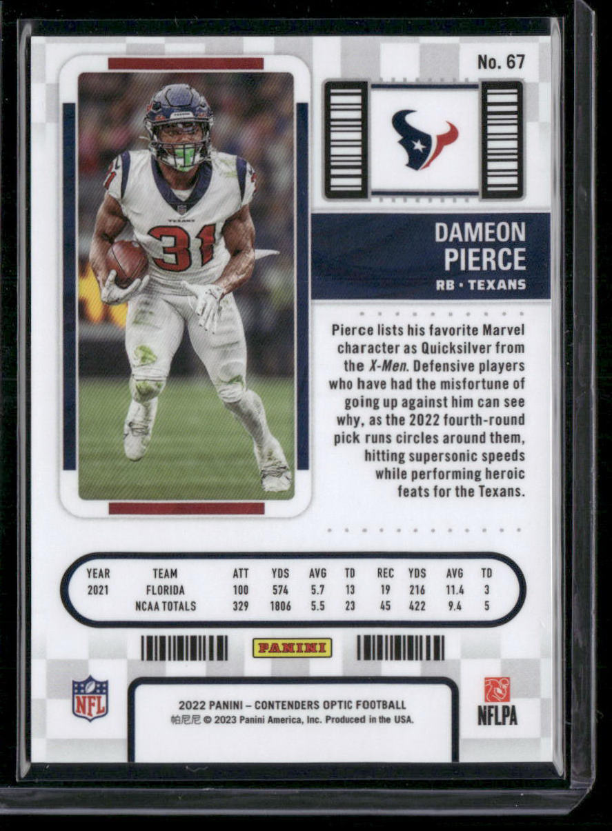 2022 Panini Contenders Optic Football Dameon Pierce #67 Rookie Ticket RC