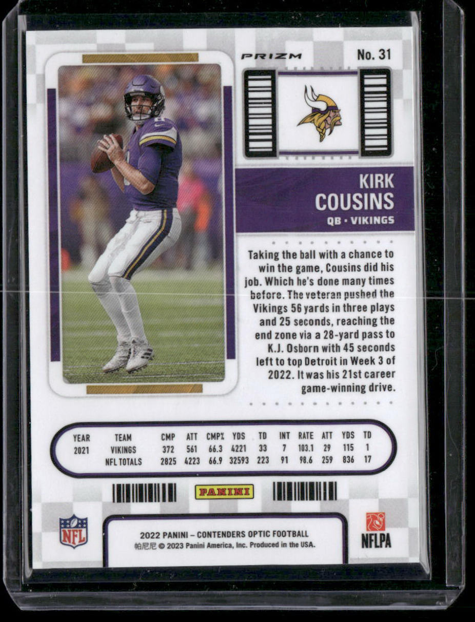 2022 Panini Contenders Optic Football Kirk Cousins #31 Season Ticket Football