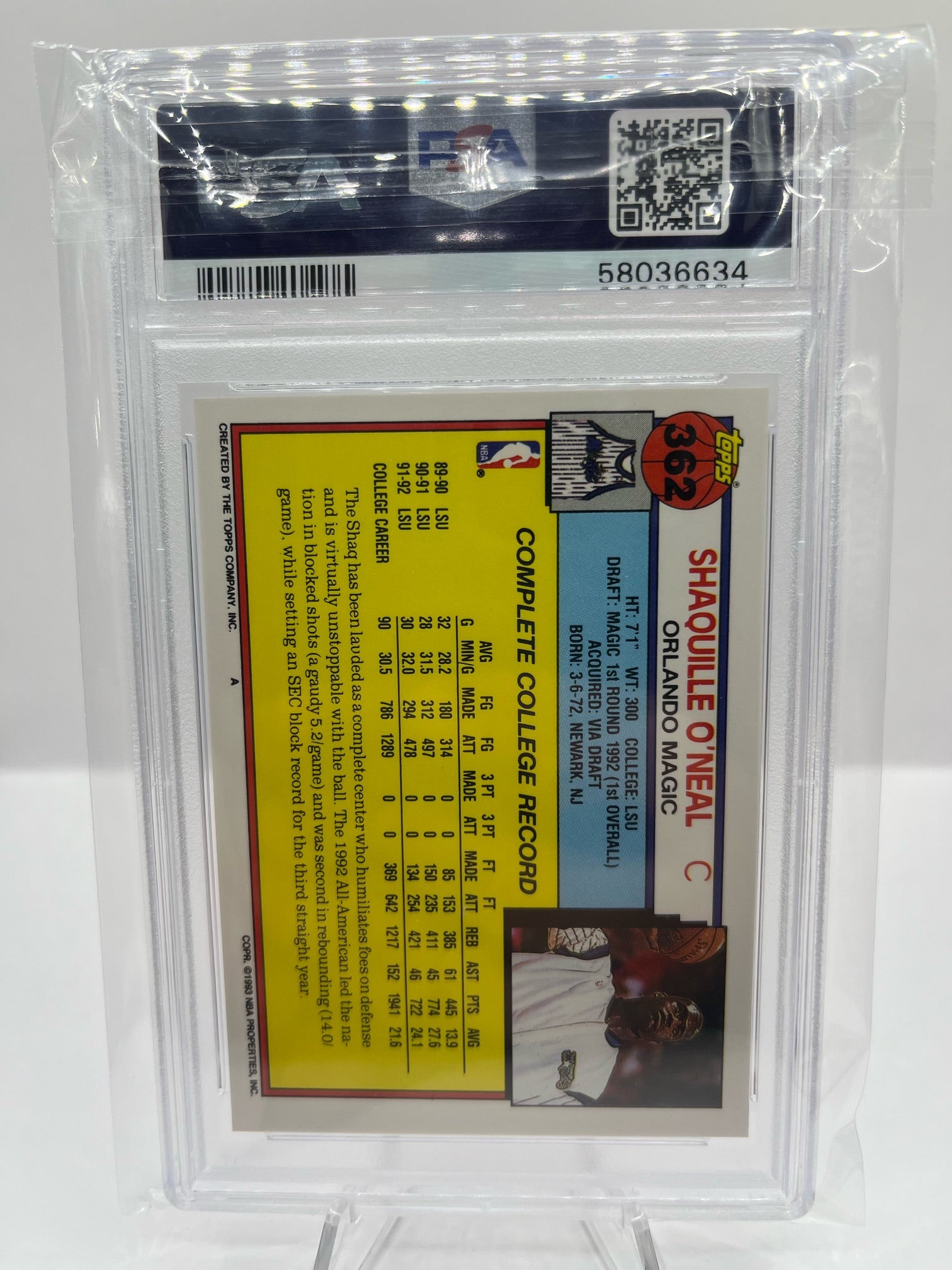 1992 Topps Shaquille O'Neal #362 Basketball PSA 9