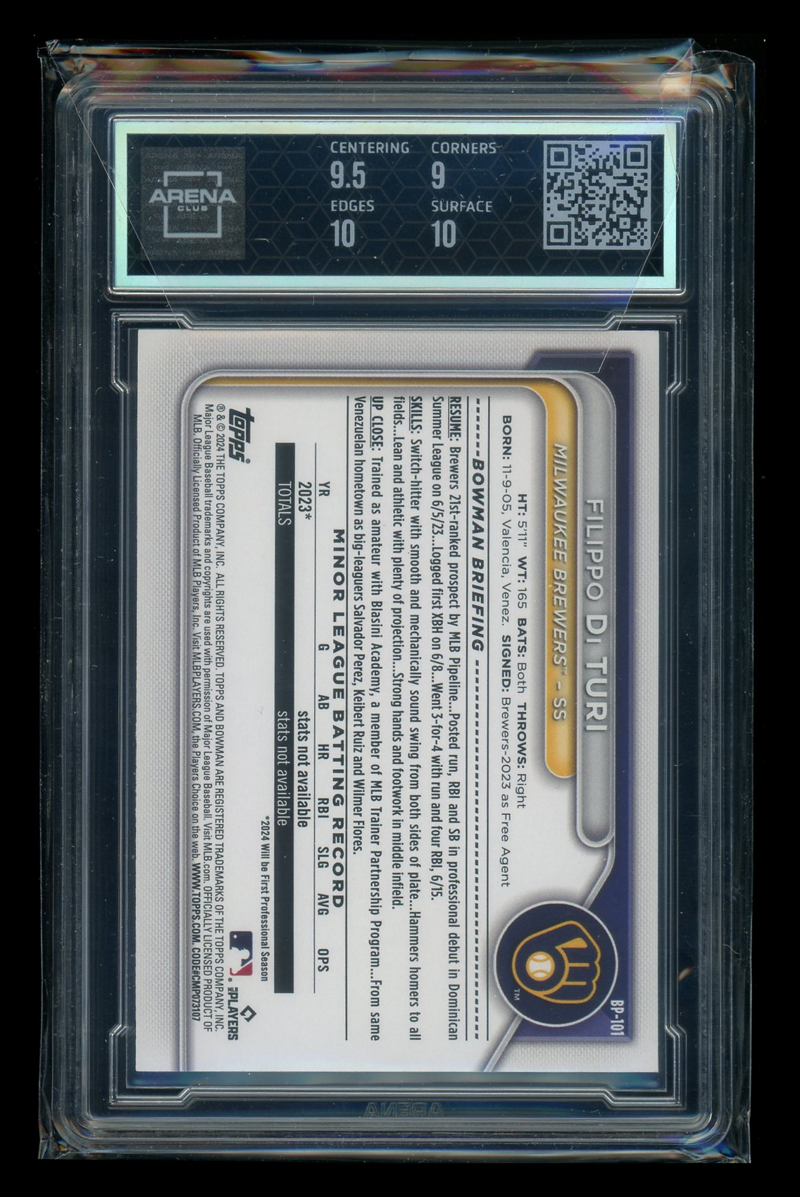 2024 Bowman Prospect Neon Green Filippo Di Turi #P-101 217/399 Arena Club 9.5